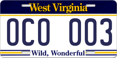 WV license plate OCO003