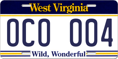 WV license plate OCO004