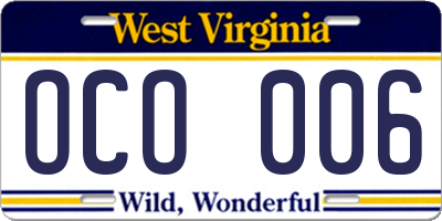 WV license plate OCO006
