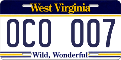 WV license plate OCO007