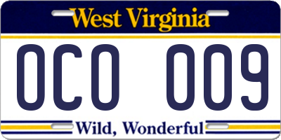 WV license plate OCO009