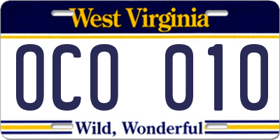 WV license plate OCO010