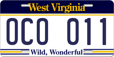 WV license plate OCO011