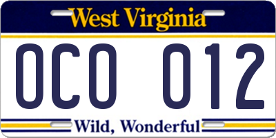 WV license plate OCO012