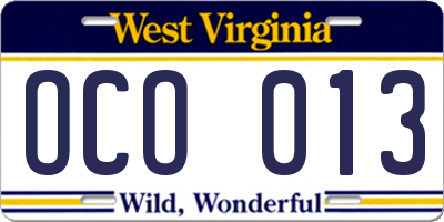 WV license plate OCO013