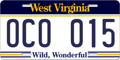 WV license plate OCO015