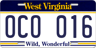 WV license plate OCO016