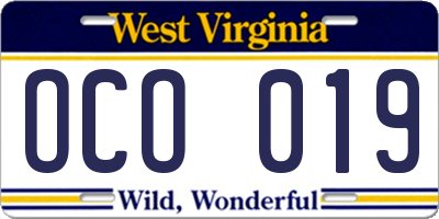 WV license plate OCO019
