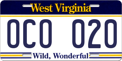 WV license plate OCO020