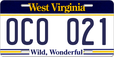 WV license plate OCO021
