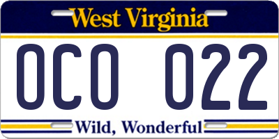 WV license plate OCO022