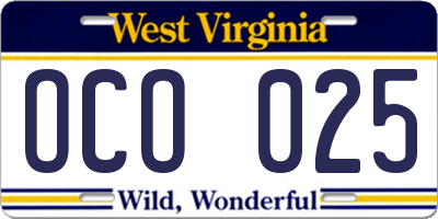 WV license plate OCO025
