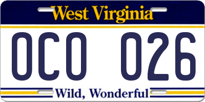 WV license plate OCO026