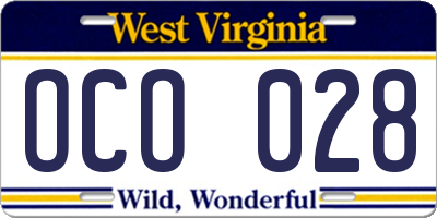 WV license plate OCO028