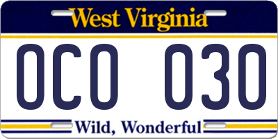 WV license plate OCO030