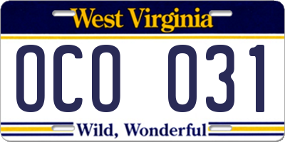 WV license plate OCO031