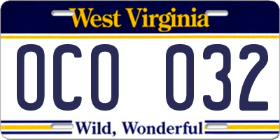 WV license plate OCO032