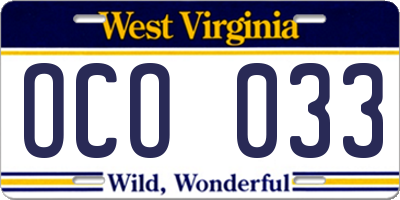 WV license plate OCO033