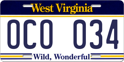 WV license plate OCO034