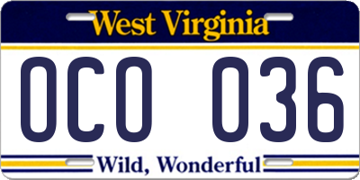 WV license plate OCO036