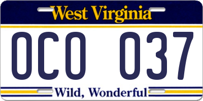 WV license plate OCO037