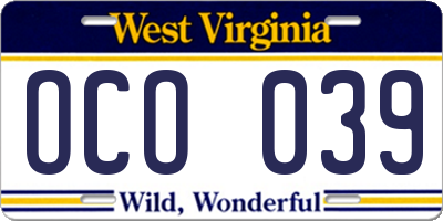 WV license plate OCO039