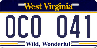 WV license plate OCO041