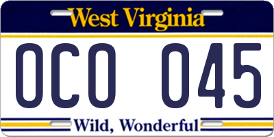 WV license plate OCO045