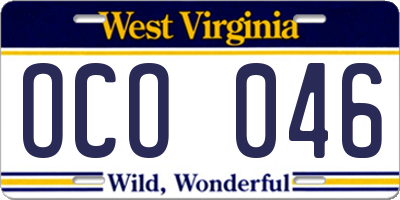 WV license plate OCO046