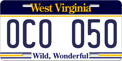 WV license plate OCO050