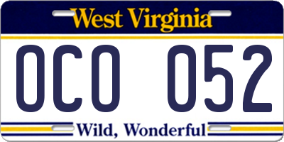 WV license plate OCO052