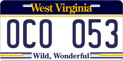 WV license plate OCO053