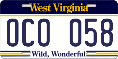 WV license plate OCO058