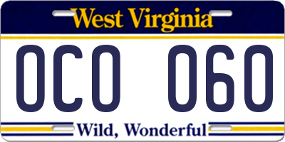 WV license plate OCO060
