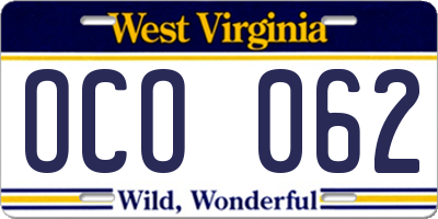 WV license plate OCO062
