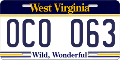 WV license plate OCO063