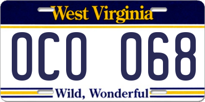 WV license plate OCO068