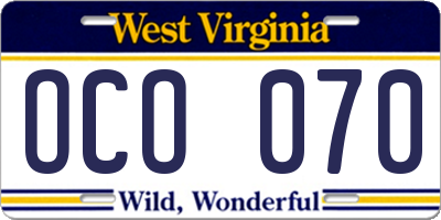 WV license plate OCO070