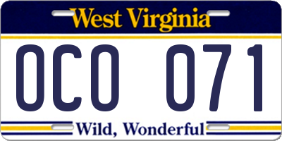WV license plate OCO071