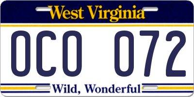 WV license plate OCO072