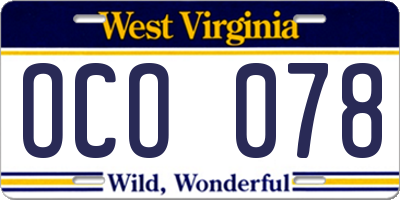 WV license plate OCO078