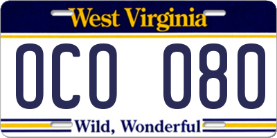 WV license plate OCO080