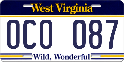 WV license plate OCO087