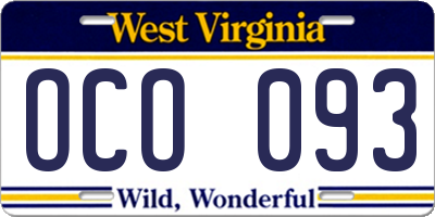 WV license plate OCO093