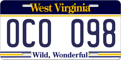 WV license plate OCO098