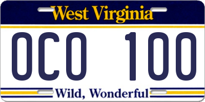 WV license plate OCO100