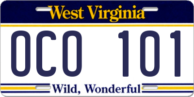 WV license plate OCO101