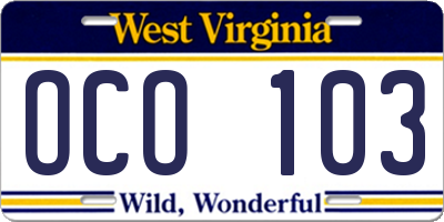 WV license plate OCO103