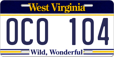 WV license plate OCO104