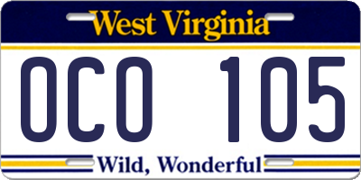 WV license plate OCO105